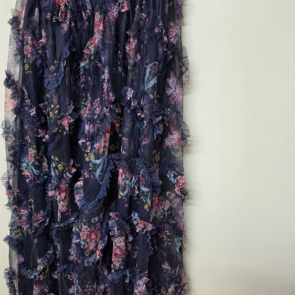 Faeriesty Womens Navy Floral Mesh Ruffled Corset Strapless Maxi Dress Sz L - Picture 4 of 10